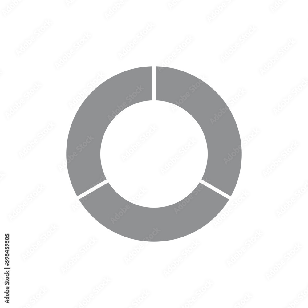 Circle divided into three equal segments. 3 parts. Section segmented circle. One third fraction circle vector illustration isolated on white background. Circle divided into three equal segments. 3 parts. Section segmented circle. One third fraction circle vector illustration isolated on white background.