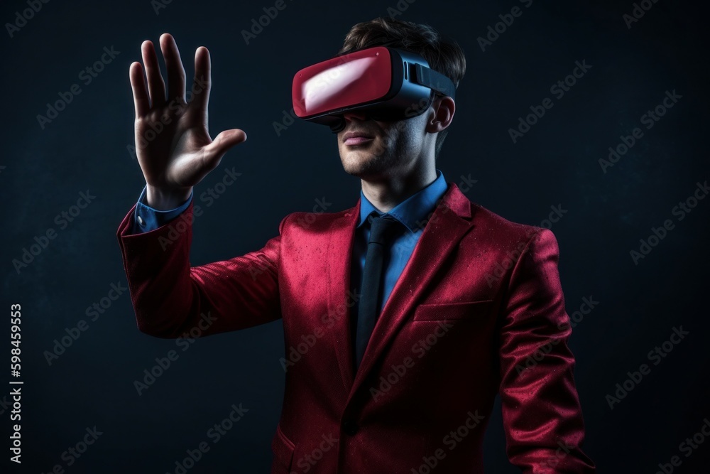 Male businessman wearing virtual reality glasses. VR concept. AI generated, human enhanced Male businessman wearing virtual reality glasses. VR concept. AI generated, human enhanced