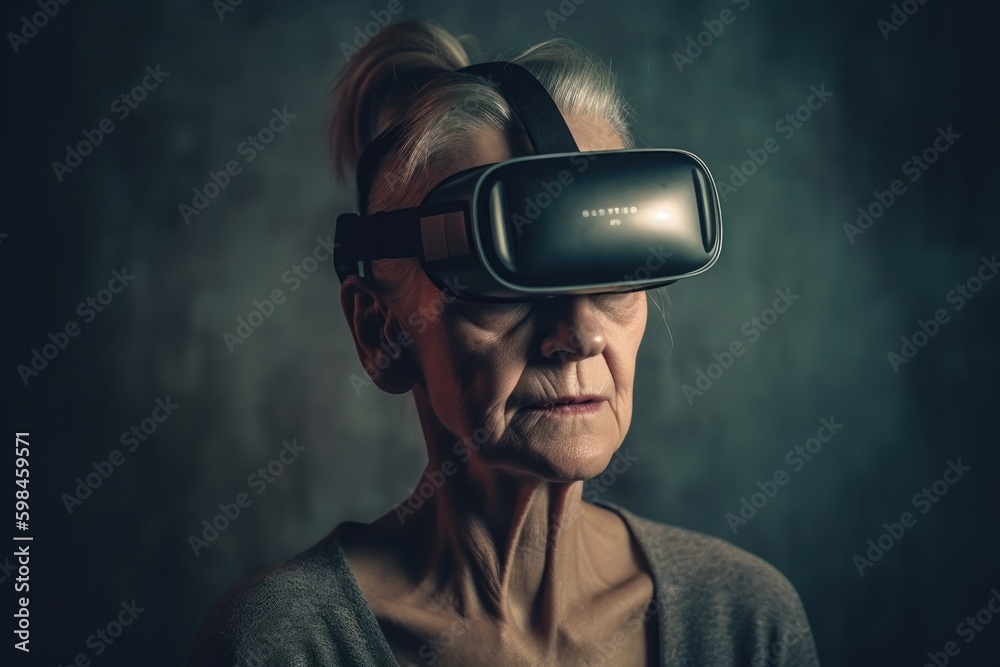 Old woman wearing virtual reality glasses. VR concept. AI generated, human enhanced Old woman wearing virtual reality glasses. VR concept. AI generated, human enhanced