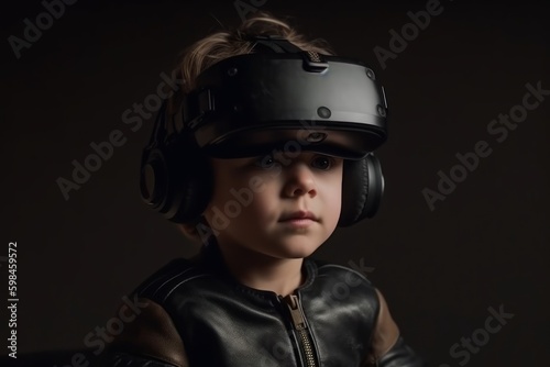 Boy child in virtual reality glasses. VR concept. AI generated, human enhanced © top images