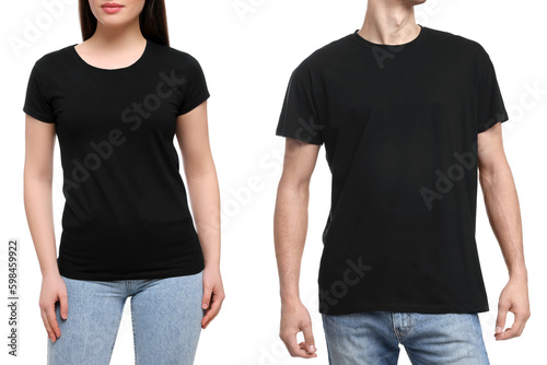 People wearing black t-shirts on white background, closeup. Mockup for design