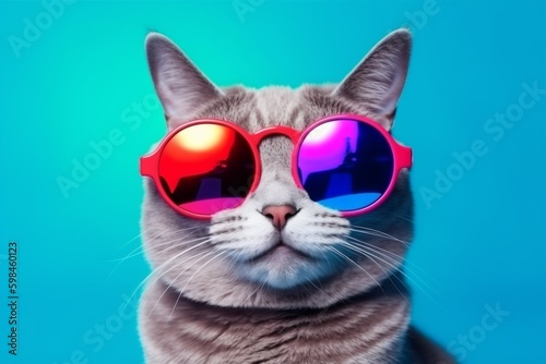 cat funny neon animal pet sunglasses fashion cute colourful portrait. Generative AI. Generative AI