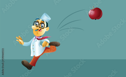 Doctor Chased Away with an Apple Vector Funny Illustration. One apple a day keeps the doctor away concept design
