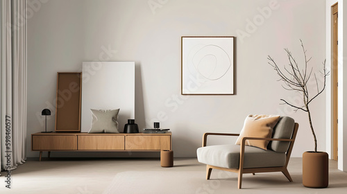 A bed in the bedroom, white walls, soft light, and a bedside table, in the style of minimalist staging © Ravi