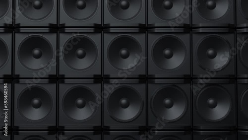 Huge black wall of modern music speakers - vertical pan animation - 4K Pro Res photo