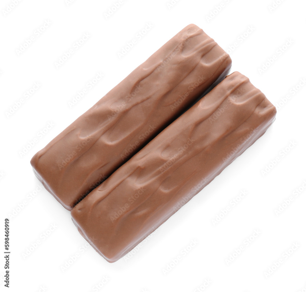 Tasty chocolate bars on white background, top view Tasty chocolate bars on white background, top view