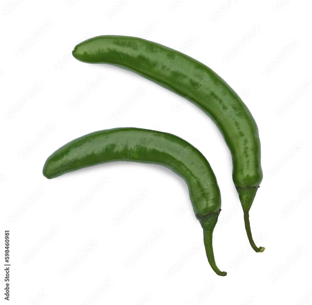 Green hot chili peppers on white background, top view Green hot chili peppers on white background, top view