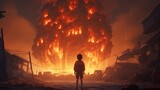 child stares at towering inferno giant, digital art illustration, Generative AI