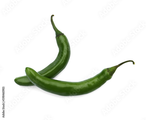 Green hot chili peppers on white background