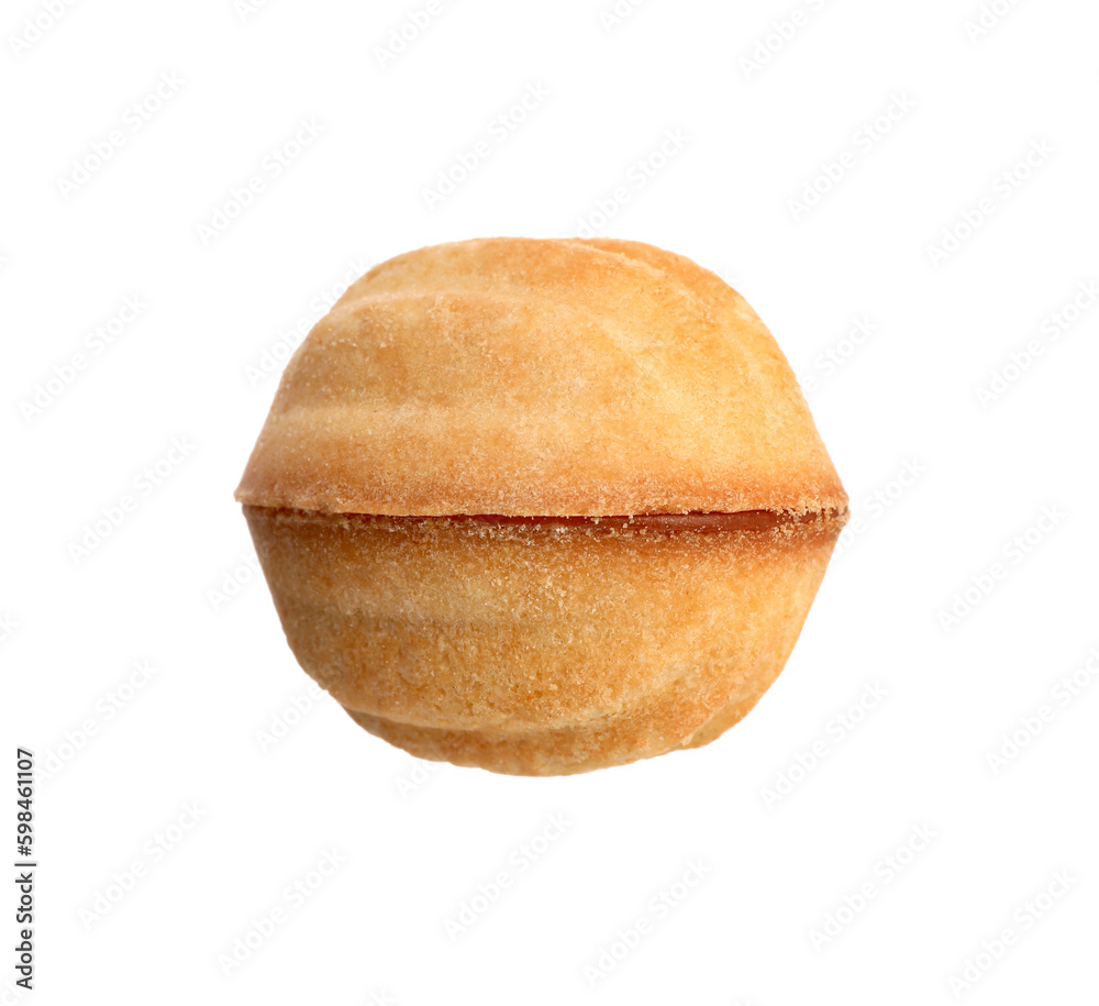 Delicious nut shaped cookie with condensed milk isolated on white Delicious nut shaped cookie with condensed milk isolated on white