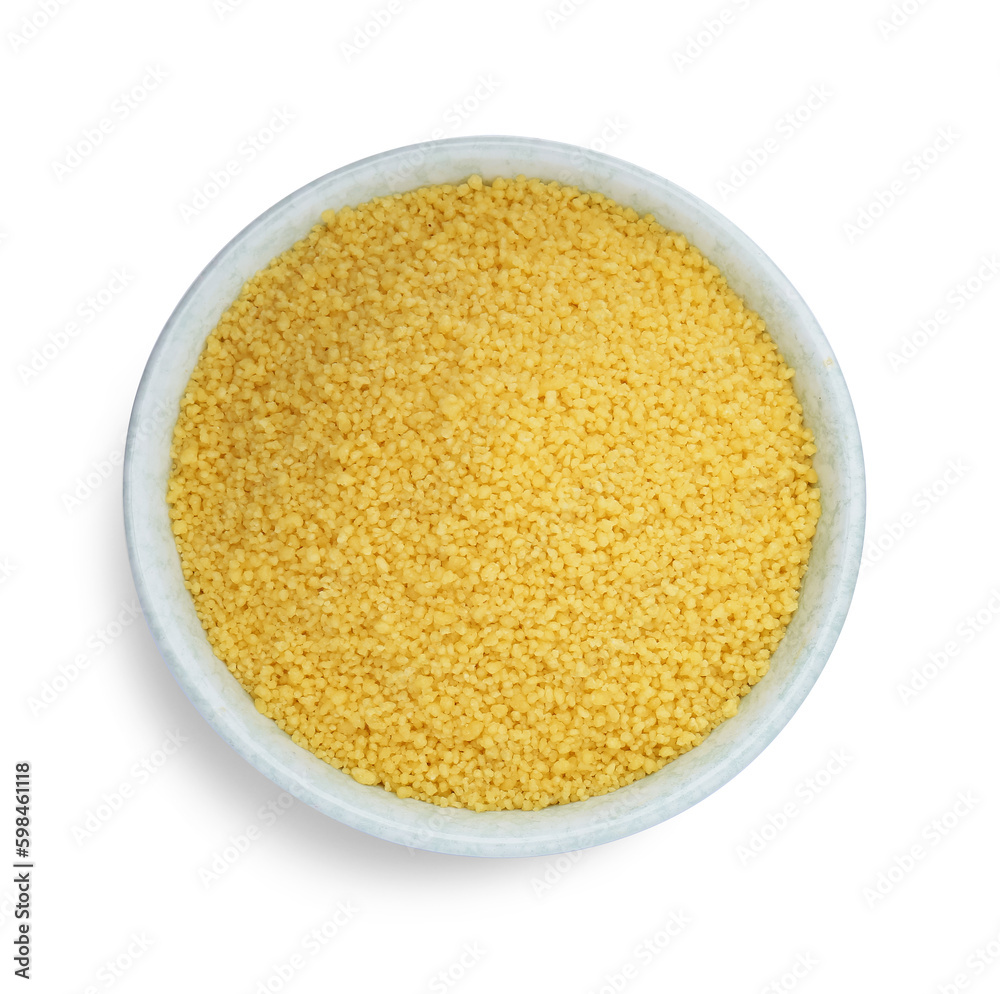 Bowl of raw couscous isolated on white, top view Bowl of raw couscous isolated on white, top view