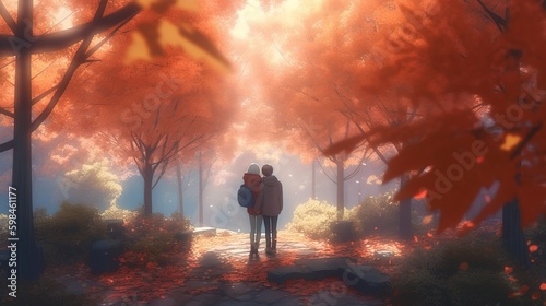 couple embraces in fall park  digital art illustration  Generative AI
