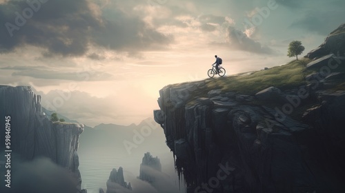 cyclist crossing cliff, digital art illustration, Generative AI