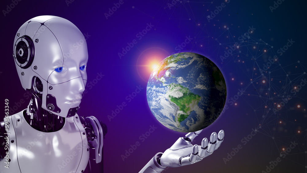 Robot showing virtual earth hologram with connected network. Concept of robot, big data analytic, artificial intelligence, global business and digital link, futuristic interface, innovation technology