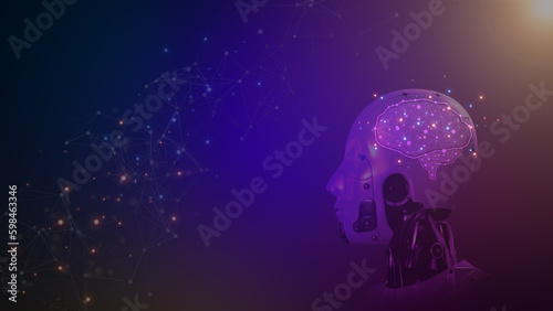 Robot head with AI brain provide access information. Artificial intelligence digital chat bot, machine learning concept, big data, cloud computing, computer network and innovation technology.