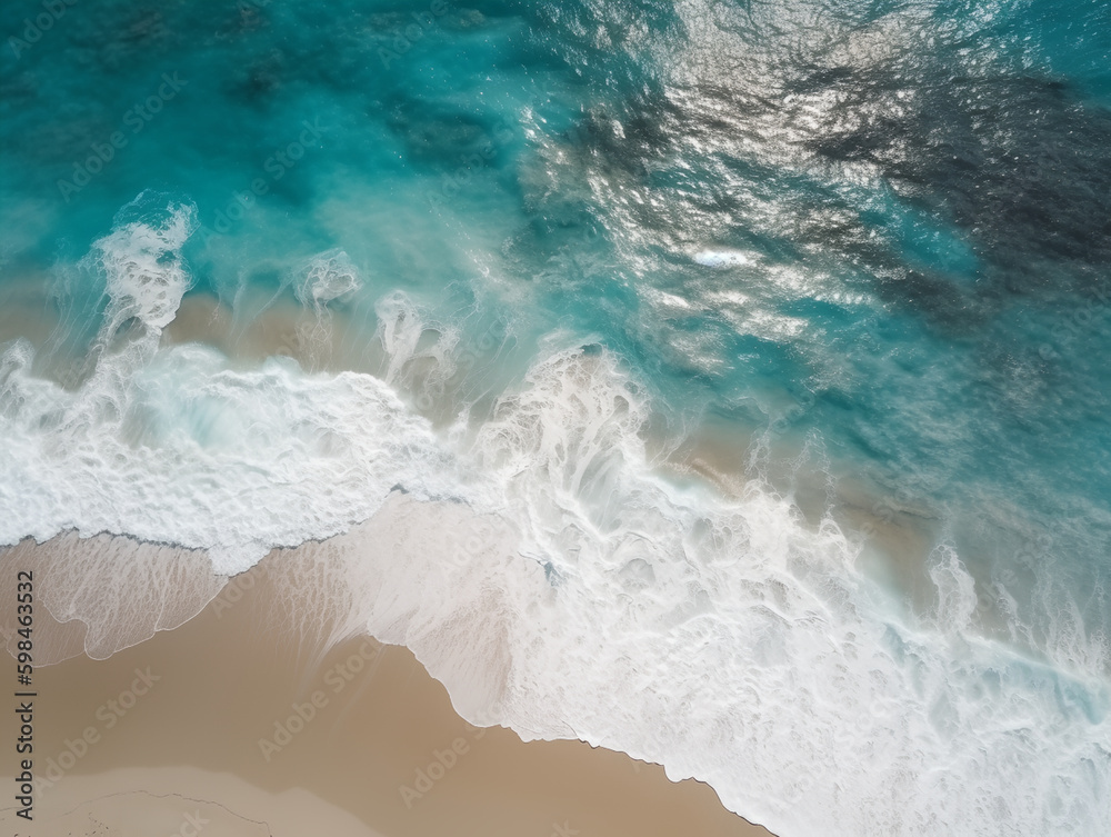 Beautiful beach, waves with white foams on flat sand. Top down aerial view. Generative AI