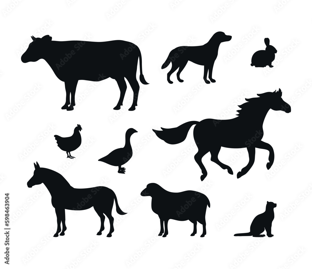 Vector set of flat hand drawn domestic animals silhouette isolated on white background