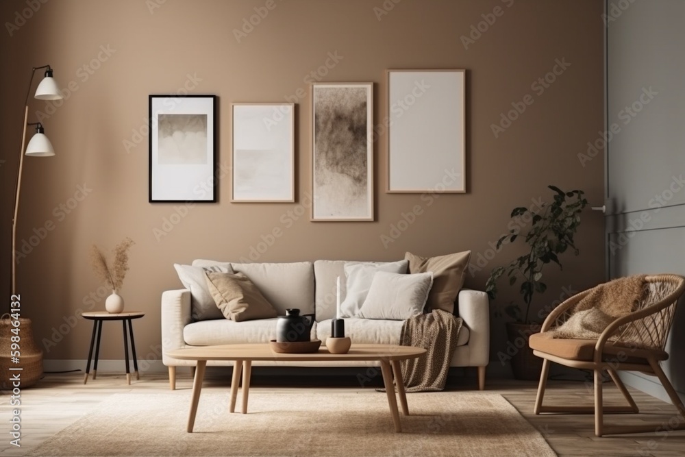 Brown Living Room Interior - Cozy & Elegant Home Decor Created with Generative AI Brown Living Room Interior - Cozy & Elegant Home Decor Created with Generative AI