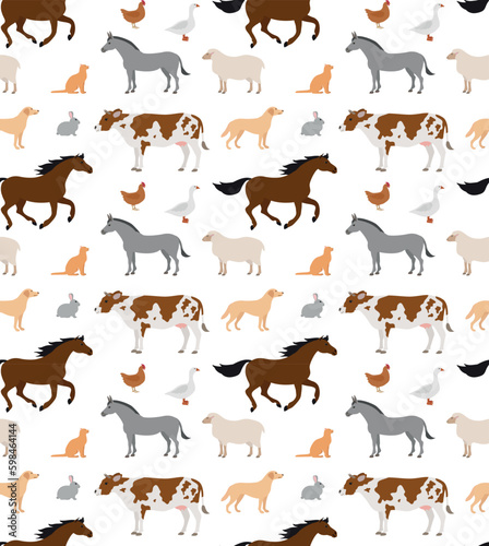 Vector seamless pattern of flat hand drawn domestic animals isolated on white background