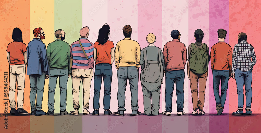 Obraz premium group of young people ilustration Gen Z generation, on colorful striped background, generative ai illustration