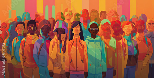 group of young people ilustration Gen Z generation, on colorful striped background, generative ai illustration