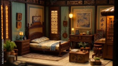 Chinese bed room. Generative AI
