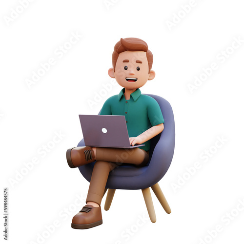 3d male character sitting on a sofa and working on a laptop