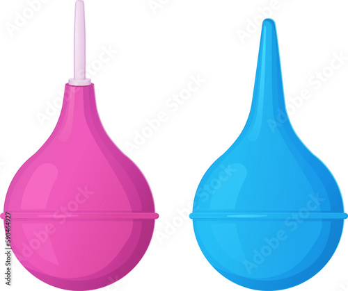 Blue and pink rubber enema or clyster. Medical cleaning body detox tool.