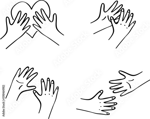 Kids hands interans set. Holding heart, reaching out to each other. Charity donation, social care, diversity concept. Vollunteer logo. Outline illustration in hand drawn style