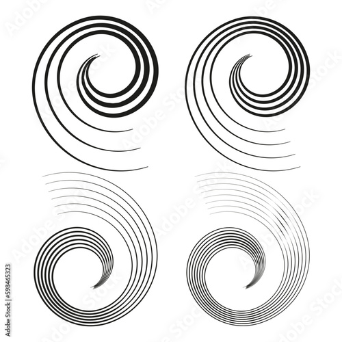 Spiral, swirl, twirl. Volute, helix, eddy and vortex shape. Radial lines with rotation. Vector illustration. 