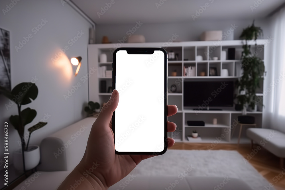 Close-up, hand holding smartphone with white screen mockup in smart house cozy interior. Generative ai Close-up, hand holding smartphone with white screen mockup in smart house cozy interior. Generative ai