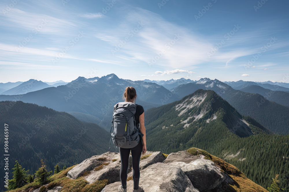 Rear view of female hiker with backpack looking out over a scenic view created with Generative AI technology Rear view of female hiker with backpack looking out over a scenic view created with Generative AI technology