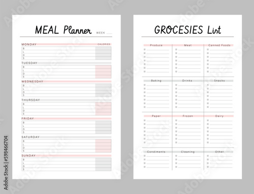 Meal Planner and groceries list planner. Plan you food day easily. Vector illustration