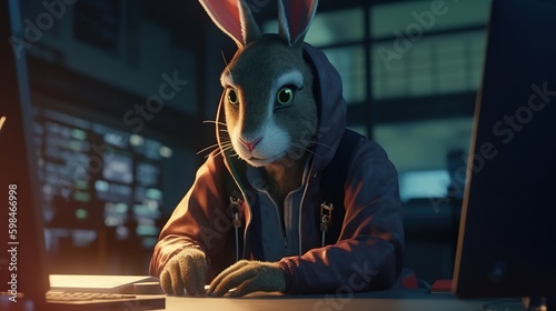 hacker hare, digital art illustration, Generative AI