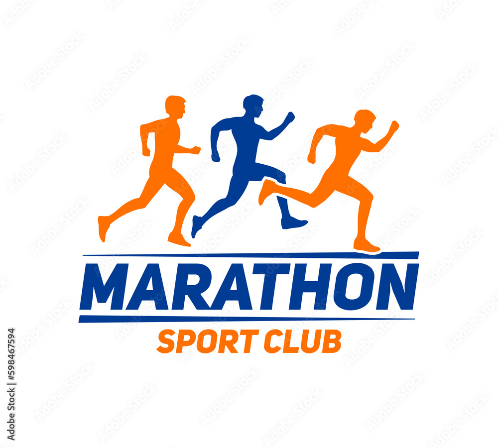 Marathon running icon. Athletic competition, fitness championship or sport gym vector sign. Running race emblem or symbol with jogging mens, racing on marathon athletes silhouettes