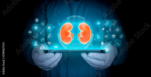 Nephrology, medical care for kidney problems. Kidneys, kidney pain, kidney cysts, kidney failure, cancer. Organ donor, Doctor with tablet on dark background. technology in medicine