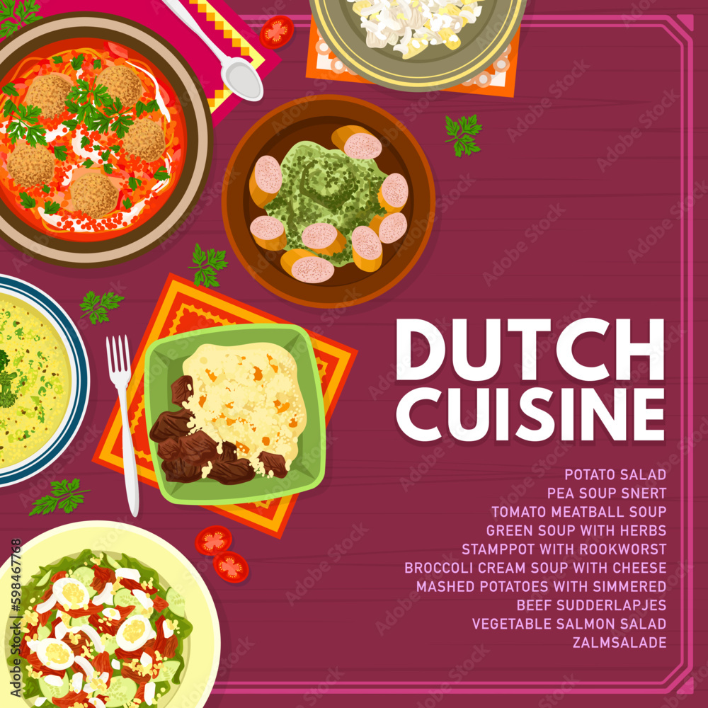 Dutch cuisine menu cover page template. Potato and salmon Zalmsalade salads, broccoli cream soup, Stamppot with Rookworst and tomato meatball soup, potatoes with beef Sudderlapjes, pea and green soup