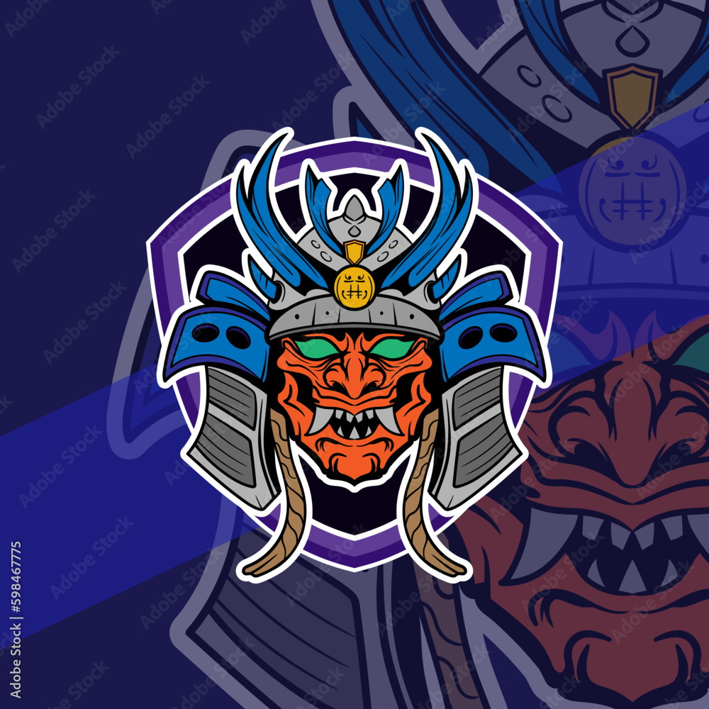 Oni japanese helmet army esport mascot logo illustrations vector template design  for team game streamer youtuber banner twitch discord