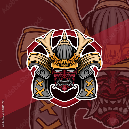 Oni japanese helmet army esport mascot logo illustrations vector template design  for team game streamer youtuber banner twitch discord