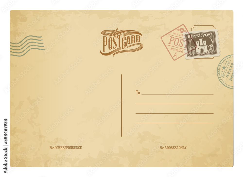 Postcard with vintage stamps, retro post card or postal, vector antique paper. Vintage postcard back template background of old airmail letter with mail postage on blank grunge old paper
