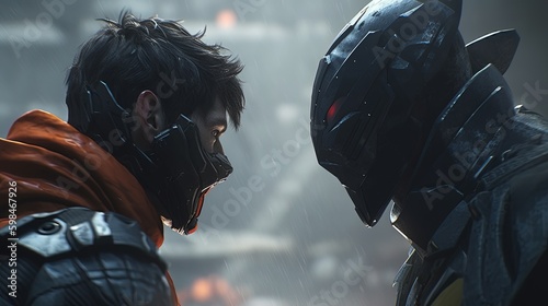 hero and villain face off, digital art illustration, Generative AI