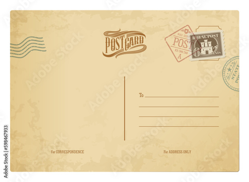 Postcard with vintage stamps, retro post card or postal, vector antique paper. Vintage postcard back template background of old airmail letter with mail postage on blank grunge old paper