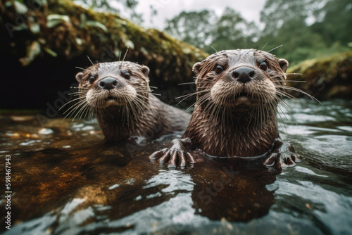 A Pair of Otters in a River