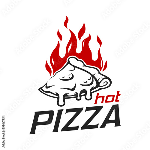 Pizza icon for pizzeria or Italian restaurant, vector symbol of pizza slice on fire. Pizzeria and fast food pizza bar emblem for oven baked Italian pizzeria sign with pizza slice and cheese drip