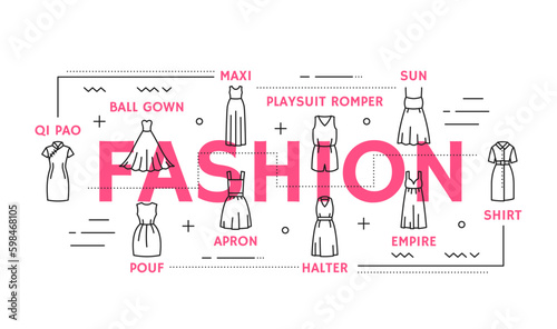 Fashion woman line dresses. Woman clothing boutique outline vector banner. Girl apparel shop icons with qi pao, ball gown, maxi and playsuit romper, sun, shirt, empire and halter, apron, pouf dresses