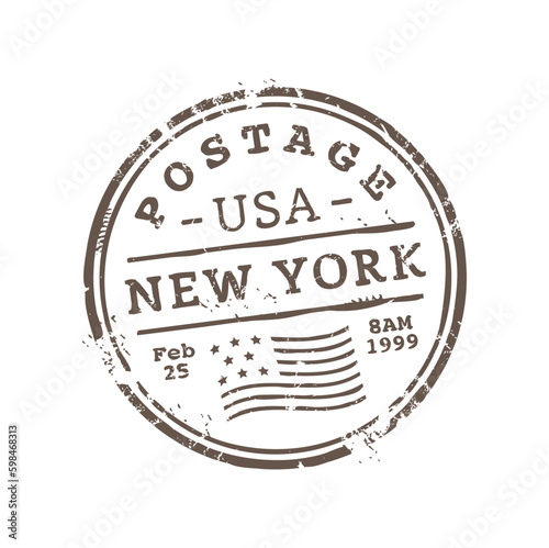 New York postage and postal rubber stamp, USA round seal. Vector post delivery emblem, postmark ink stamp. American international mail control sign