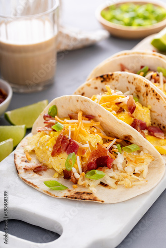 Breakfast tacos with hash browns, eggs and bacon