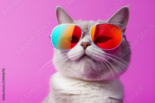 pet cat colourful funny animal sunglasses portrait fashion neon cute. Generative AI. Generative AI