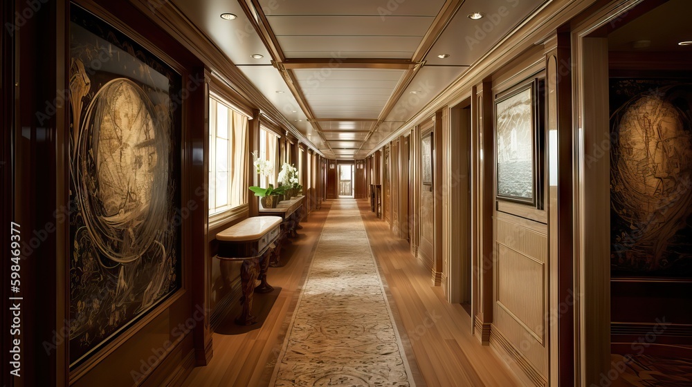 Interior view of a luxurious ship or cruise ship hallway, with a view of the sea, generative ai
