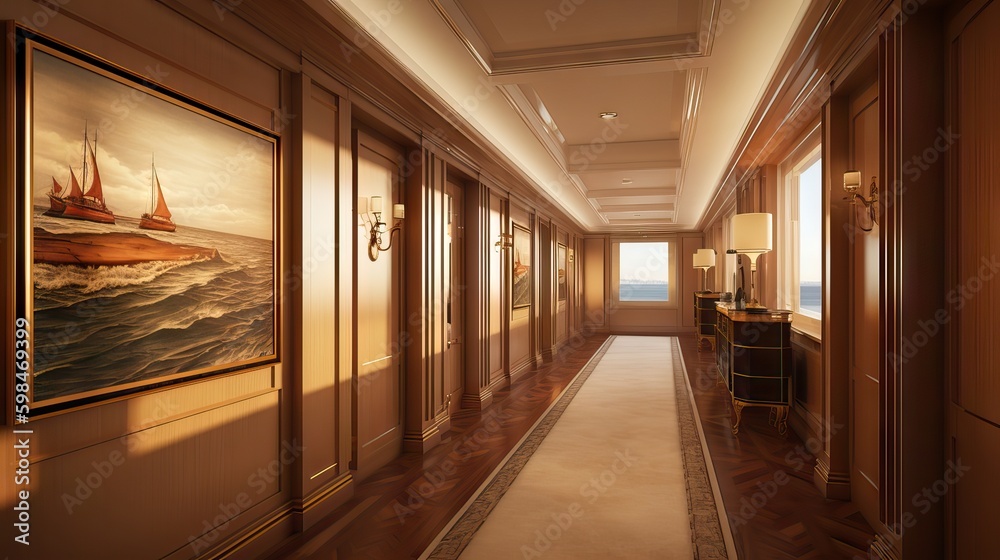 Interior view of a luxurious ship or cruise ship hallway, with a view of the sea, generative ai